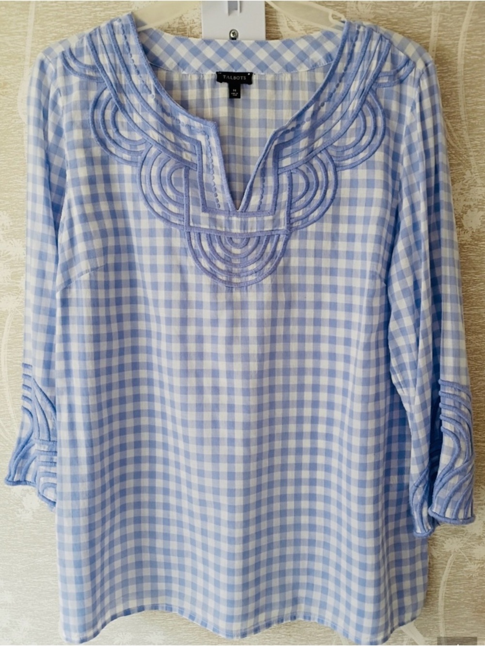 Talbots Lavender & White Gingham Embroidered Tunic with 3/4 length sleeves, M
